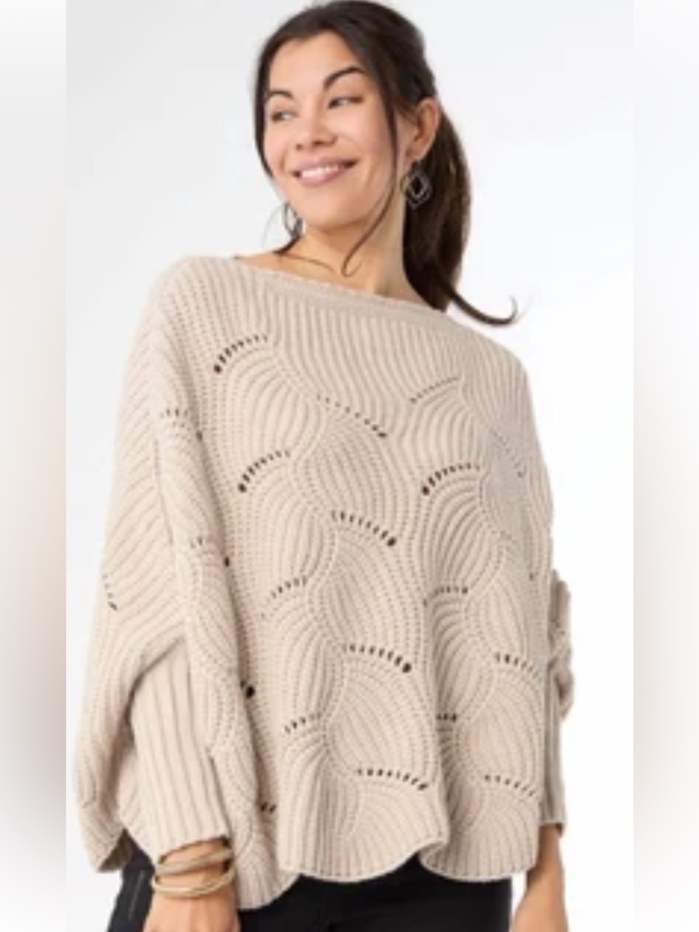 Coco + Carmen Open-Stitch Poncho Style Sweater - Cream